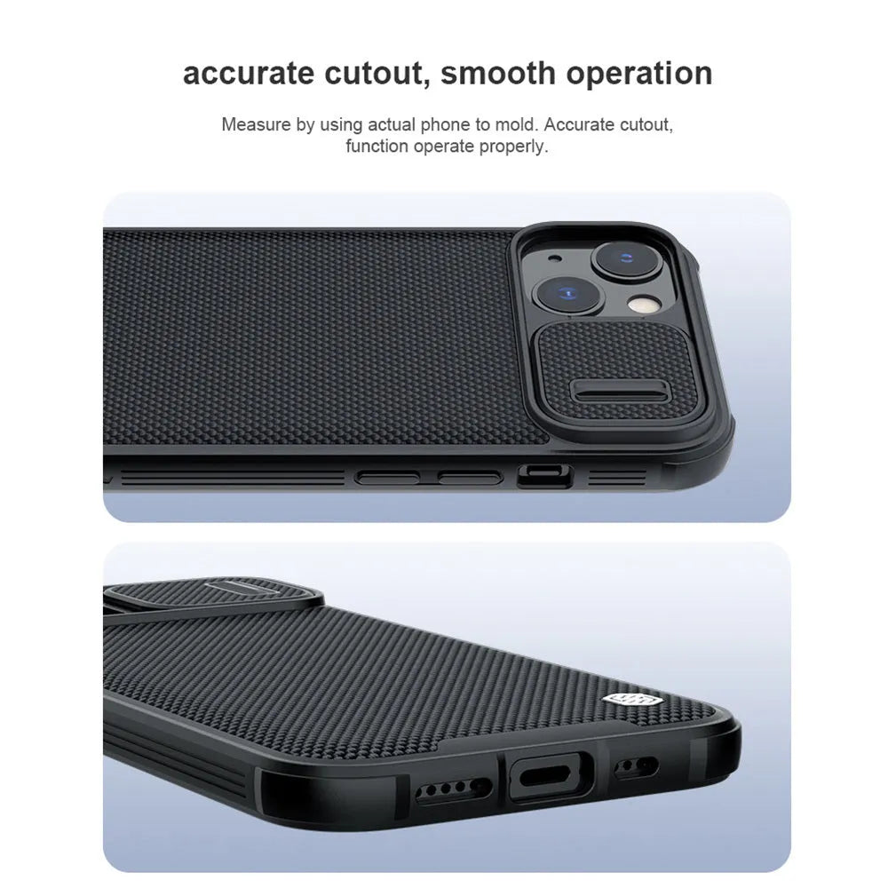 Black textured iPhone 13 Pro Max protective case with PC shell and TPU edge sliding cover