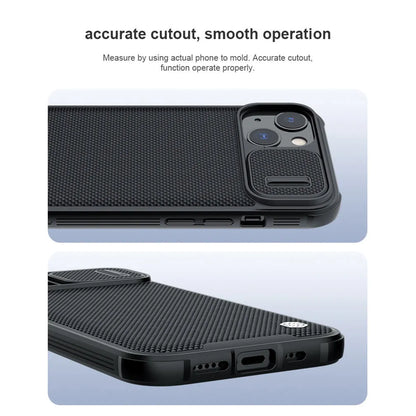 Black textured iPhone 13 Pro Max protective case with PC shell and TPU edge sliding cover