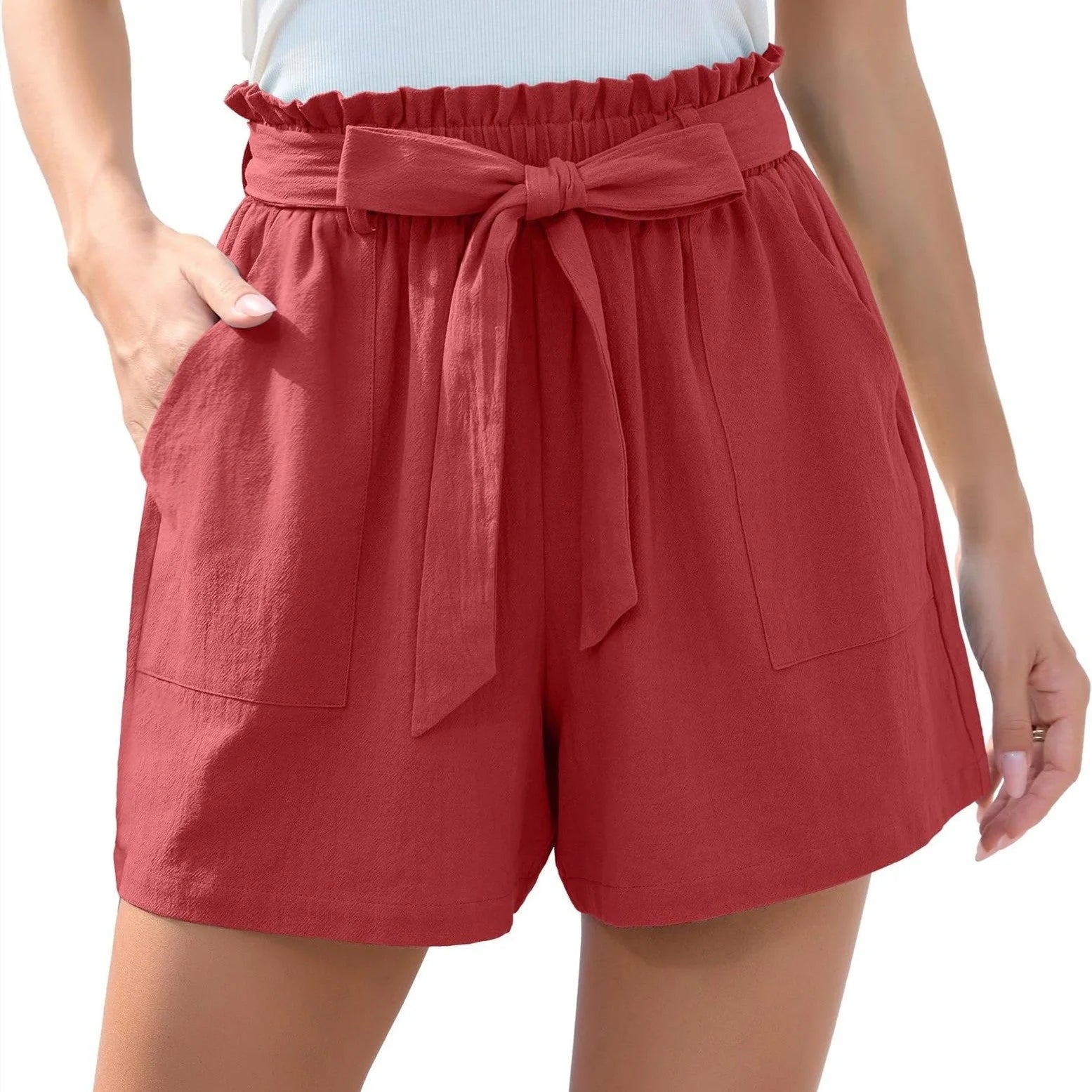 Women's summer beach shorts with ruffle bow waist tie and pockets in various colors