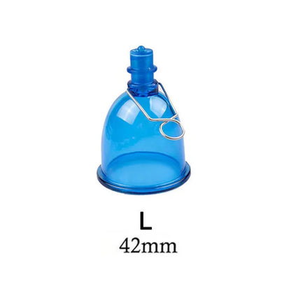 Blue silicone male masturbator shown in small, medium, and large size options.