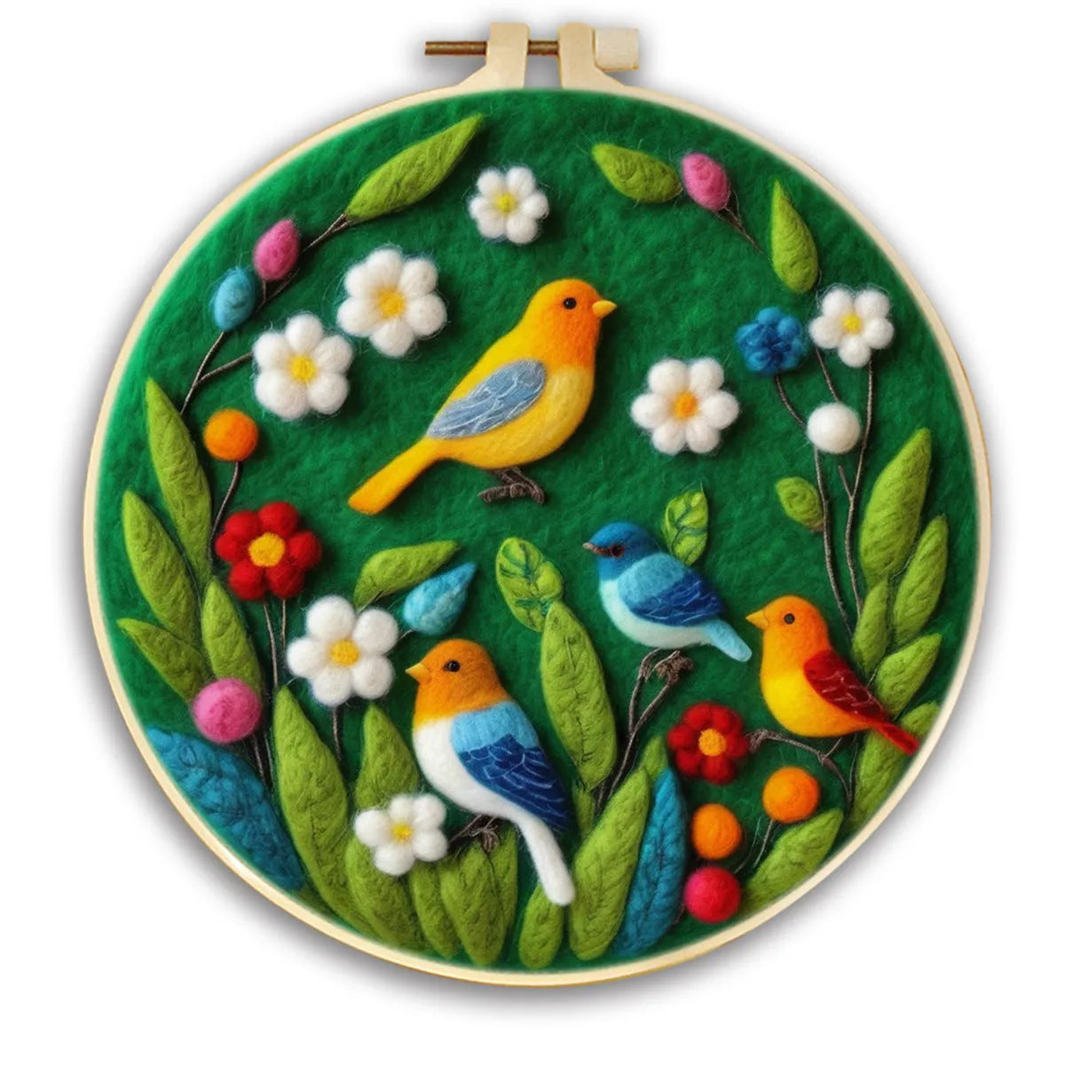 Round fabric embroidery kit with 20x20cm linen frame and wool felt for three-dimensional floral artwork