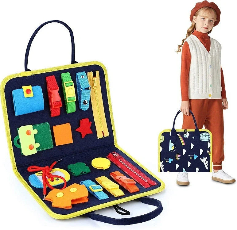 Children's busy board with dressing and buttoning features for early learning
