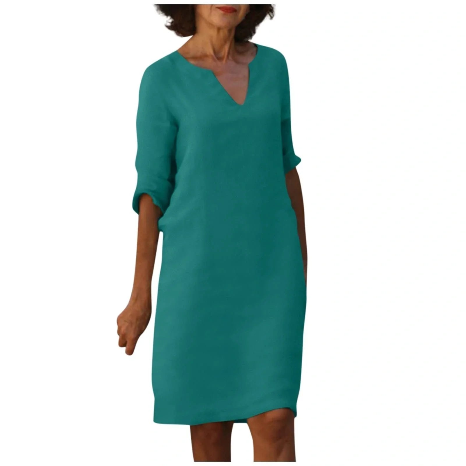 Retro cotton and linen V-neck dress with high waist and summer stitching in various colors