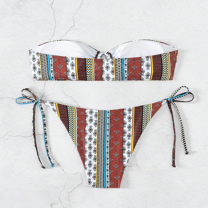 Women's mixed colour printed lace-up swimsuit with side split, shown as a one-piece