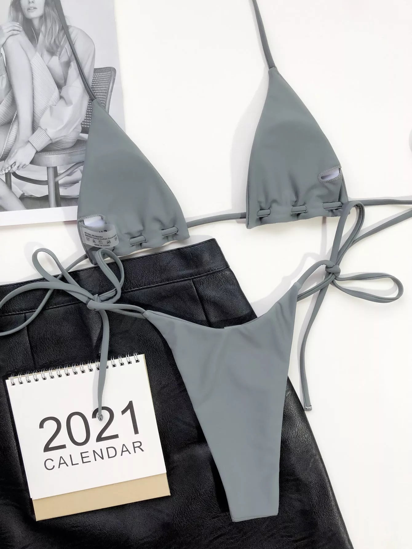 Grey nylon triangle bag swimsuit wear with rope lanyard for beach and hot spring