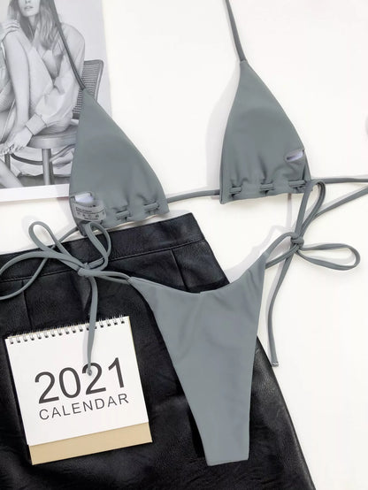 Grey nylon triangle bag swimsuit wear with rope lanyard for beach and hot spring