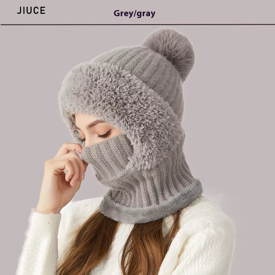 High elastic solid color knitted hat scarf mask one-piece for women in six colors