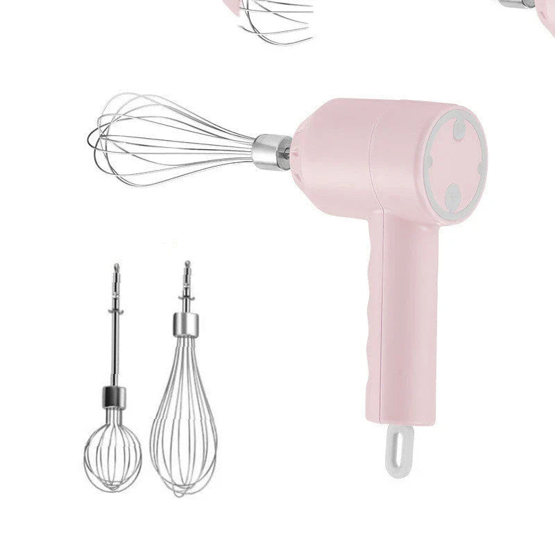 Cordless mini wireless electric hand mixer with whisk and beater attachments, available in green, white, and pink colors