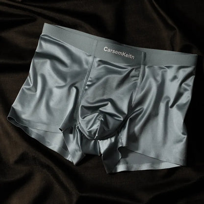 Men's colourblock Ice Silk seamless underwear in blue, brown, gray, and white on a size chart.