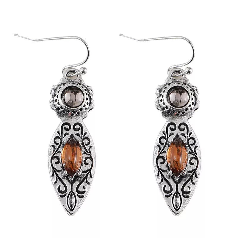 European and American retro pattern two-tone gemstone earrings in ancient silver