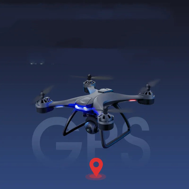 Black plastic quadrocopter drone with four rotors, remote control handle, and dual cameras