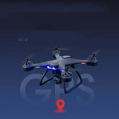 Black plastic quadrocopter drone with four rotors, remote control handle, and dual cameras