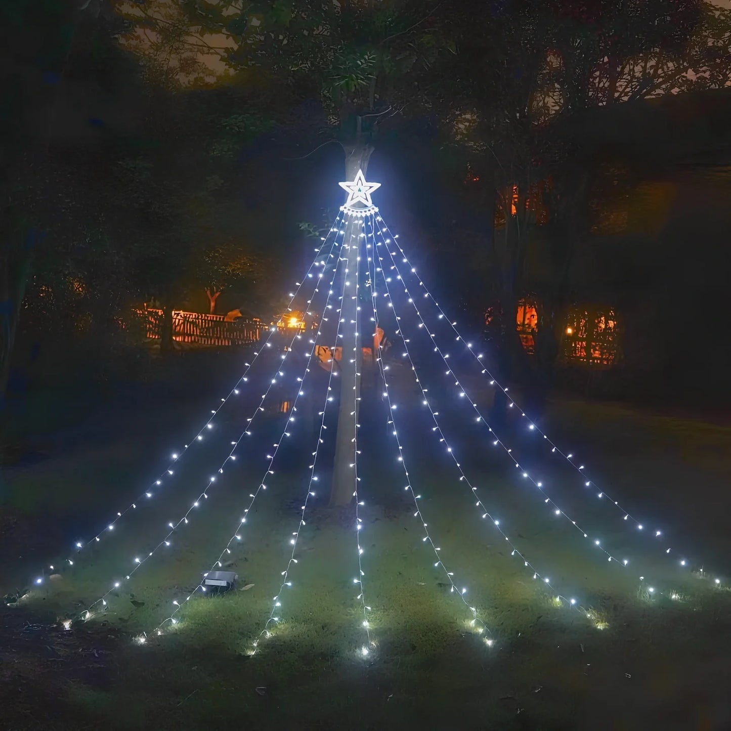 LED five-pointed star waterfall light, 1000mm length with 1000 lumens warm white glow for outdoor courtyard decoration, IP44 rated