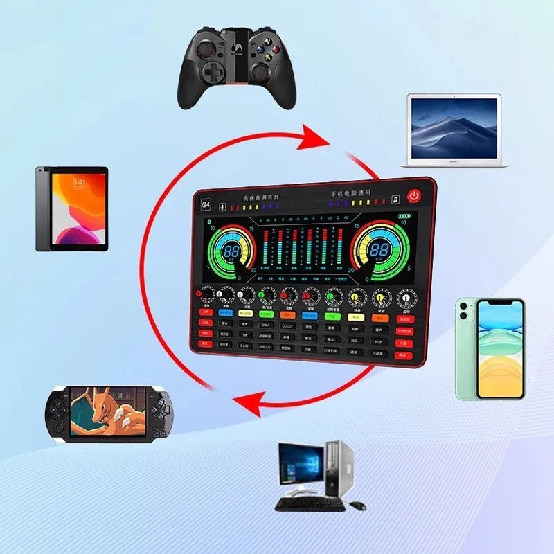 Professional G4 sound card set with capacitance microphone, LCD display and audio cables for live broadcast applications