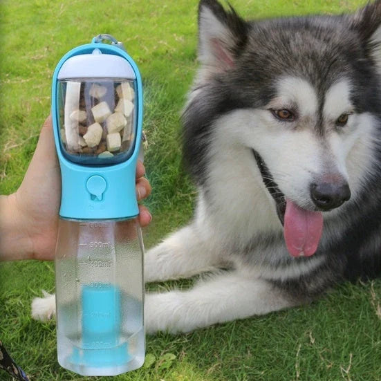 Multifunctional pet water bottle and feeder with poop dispenser in turquoise, pink, and white colors