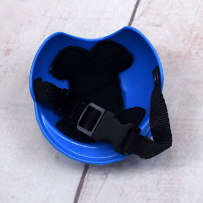 Plastic dog motorcycle cap helmet in seven colour options showing three diameter sizes