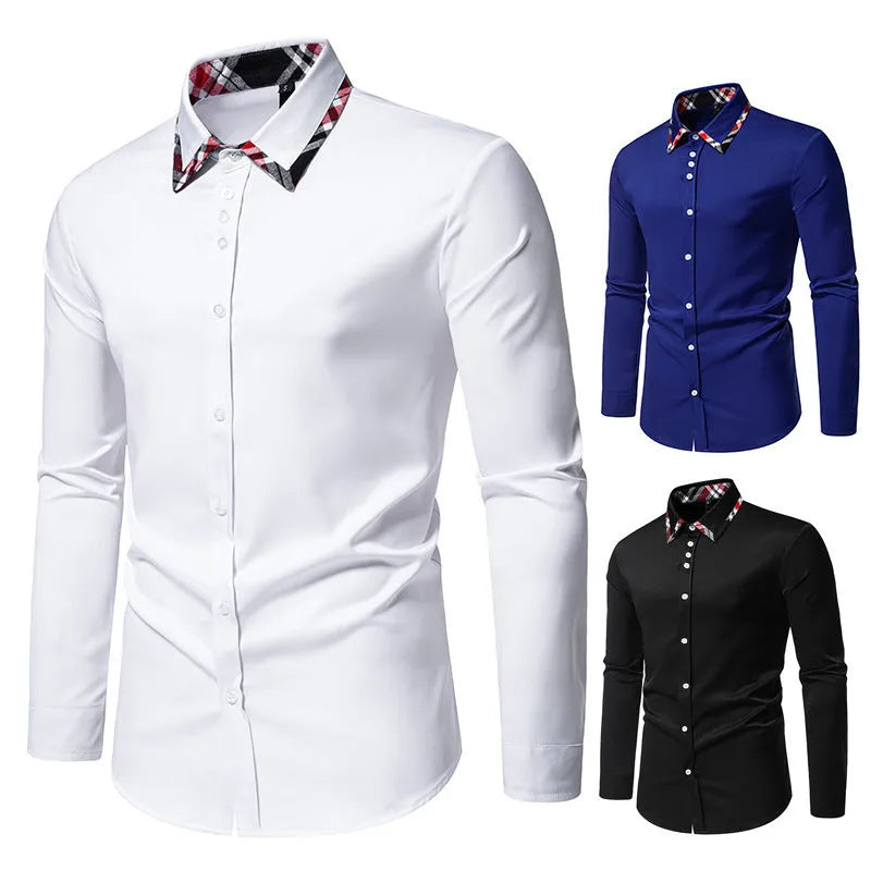 Men's plaid long sleeve shirt with triangle collar in blue, black, or white, showing contrast colour details and casual style.
