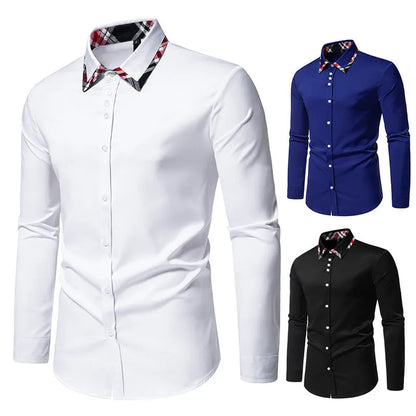 Men's plaid long sleeve shirt with triangle collar in blue, black, or white, showing contrast colour details and casual style.