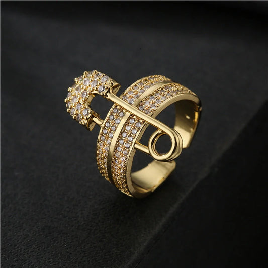 Adjustable zircon geometric ring with European-American style and copper construction