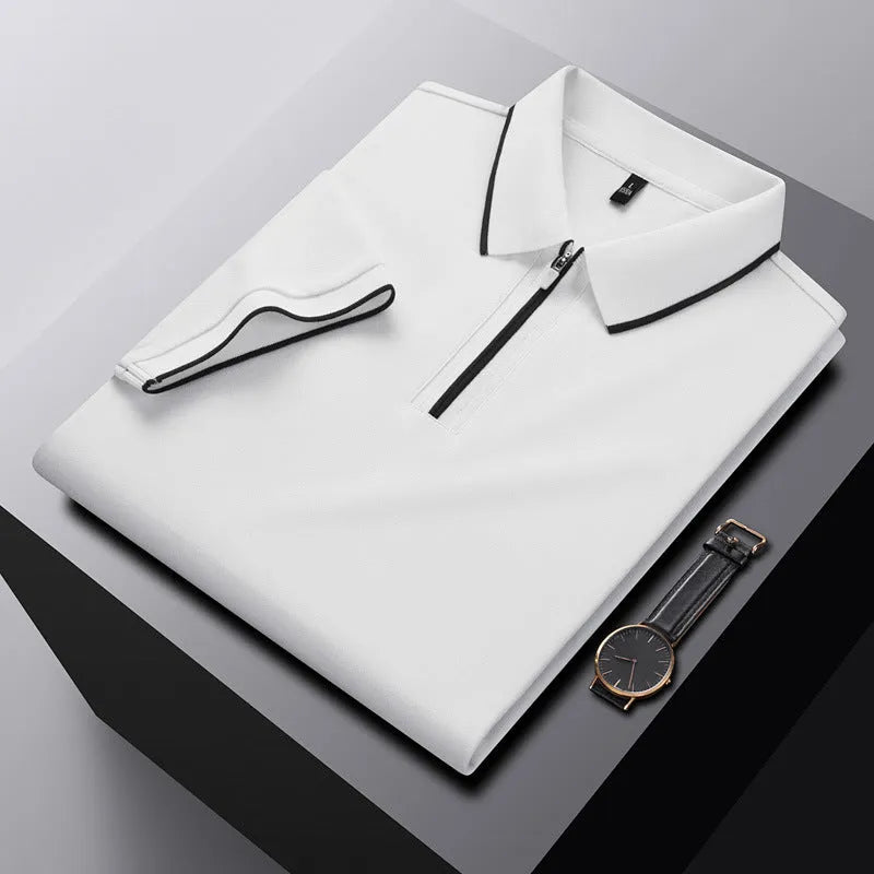 Men's solid colour short sleeve polo shirt with a silver front zipper, shown in beige apricot.