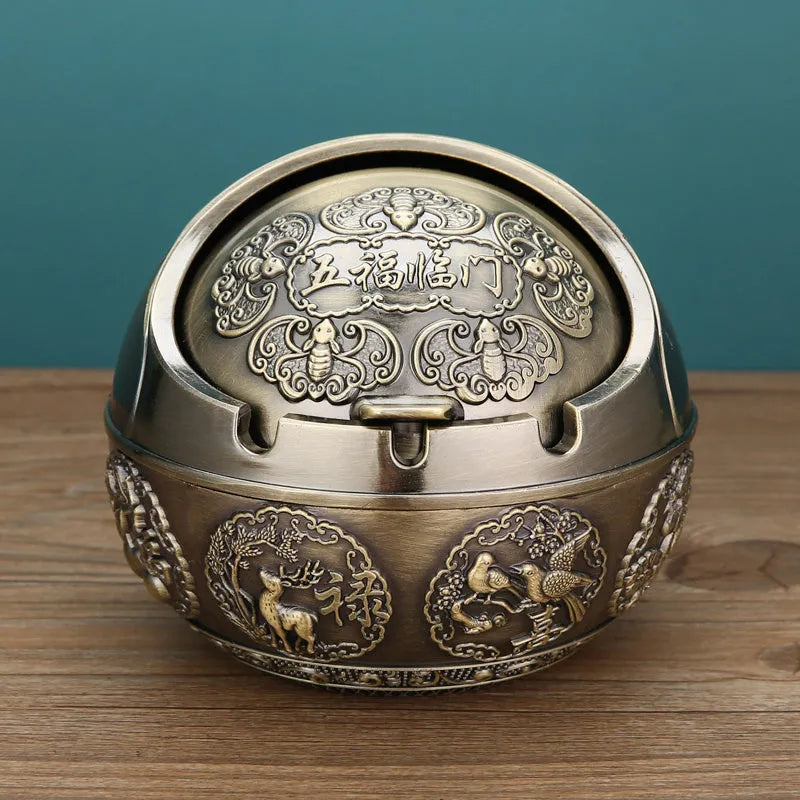 Alloy ashtray with smoke extinguishing slot in bronze finish, featuring Dragon and Phoenix motif, S size