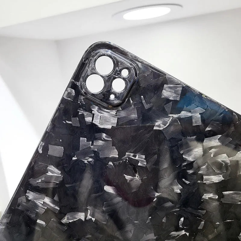 Carbon fibre protective cover for iPad Pro 11 showing 3K matte fine hole texture and embossed plaid pattern