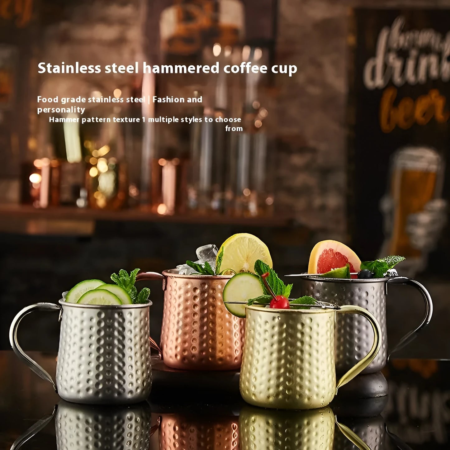 Stainless steel Moscow Mule cup with copper interior in gold, rose gold, silver, or black finish.