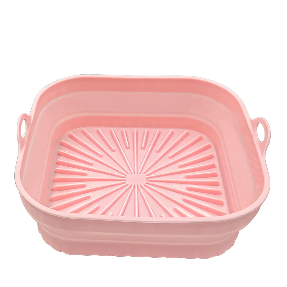 Square and round silicone air fryer liners with non-slip base in five colours including grey and pink