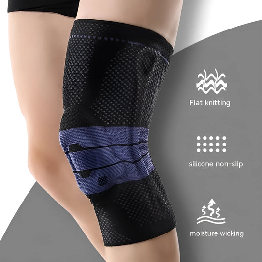 Black and blue adult sports knee pads made from nylon and spandex for running and basketball.