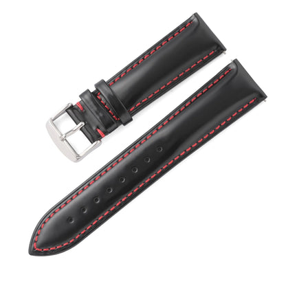 Quick release leather watch strap in bright cowhide, showing colour options and width sizes from 18mm to 22mm