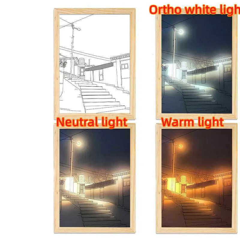 LED illuminated decorative picture light on a table showing a scenic landscape image glowing from within.