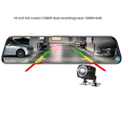 10-inch car dash cam with front and rear cameras on full touchscreen display