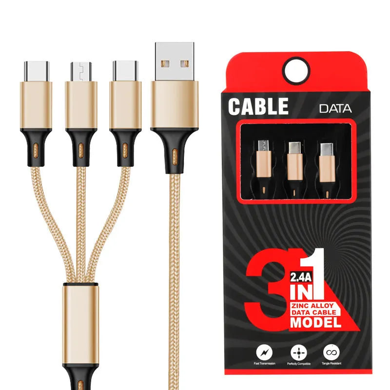 Three-in-one charging cable with nylon braid in red, blue, gold, black, silver, and rose gold colour options.