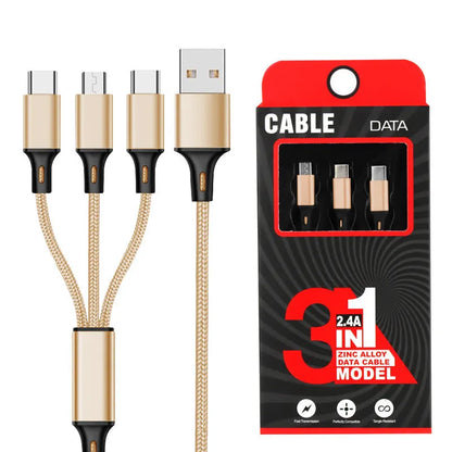 Three-in-one charging cable with nylon braid in red, blue, gold, black, silver, and rose gold colour options.