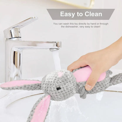Interactive dog plush toy with squeaker, crinkle paper, and cotton rope in animal designs