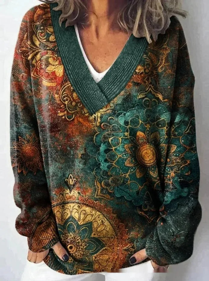 Women's V-neck long sleeve sweatshirt with a 3D floral print pattern in art retro style.