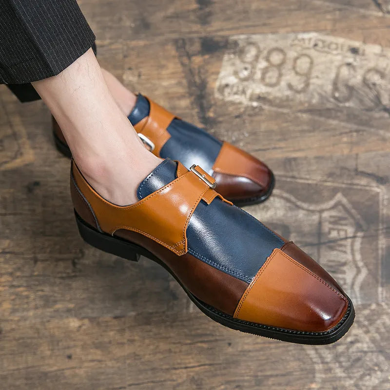 Men's brown blue and black retro buckle casual leather shoes in British style.