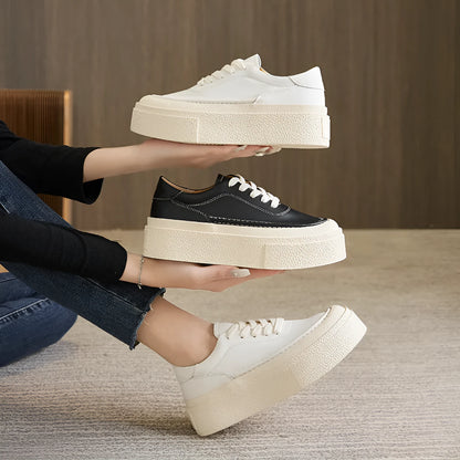 Women's black and white cowhide platform casual shoes with round toe and rubber sole
