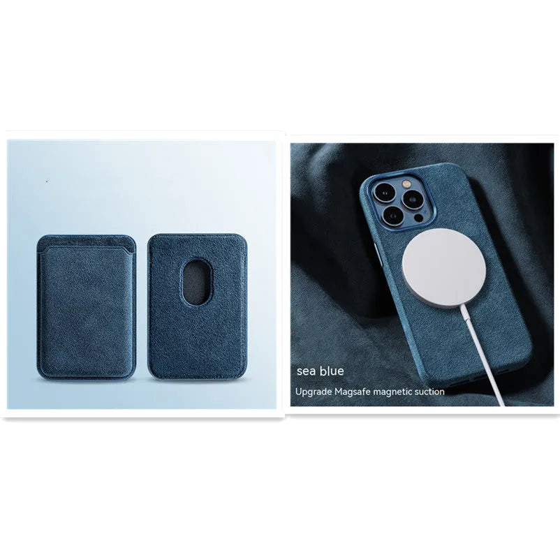 Suede magnetic wireless charger phone case for iPhone with card bag, dark green, back cover