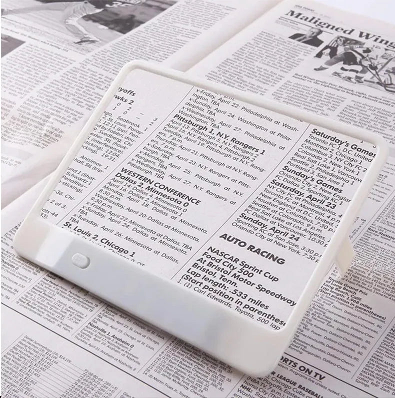180x140mm magnifying glass with LED reading light showing 3x magnification and desktop/handheld design