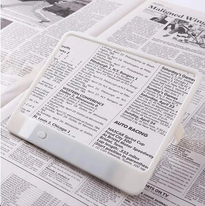 180x140mm magnifying glass with LED reading light showing 3x magnification and desktop/handheld design