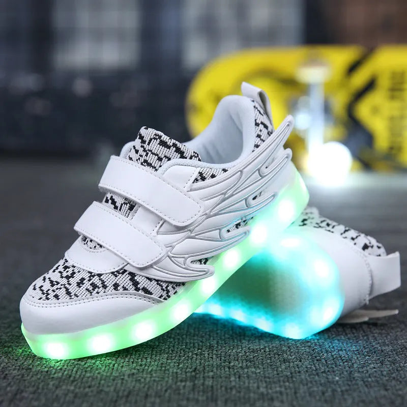 Children's LED light-up sneakers with USB charging port, available in plum red and white colours