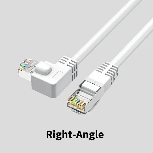 Black Cat6 Ethernet cable with a right-angled metal RJ45 connector plugging into a network switch port.