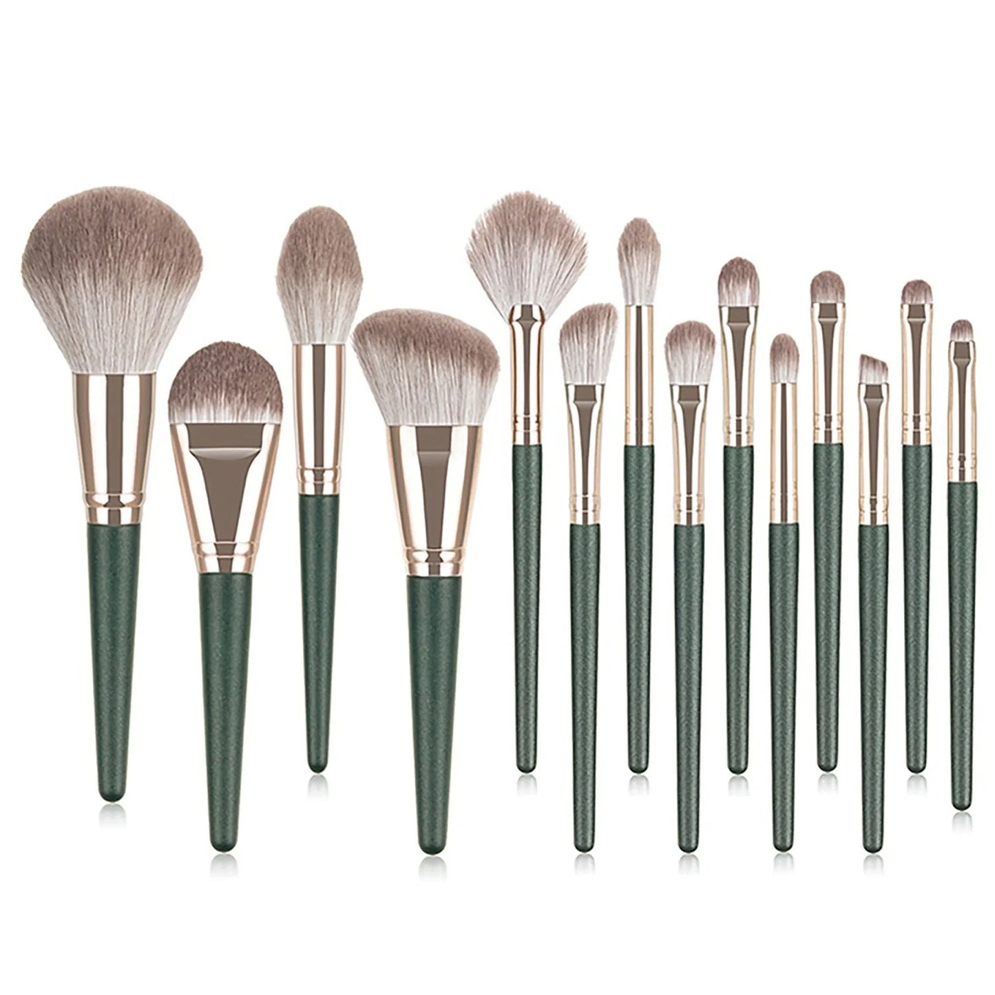 Green Cloud 14 Makeup Brushes Set with wooden handles and artificial fiber bristles