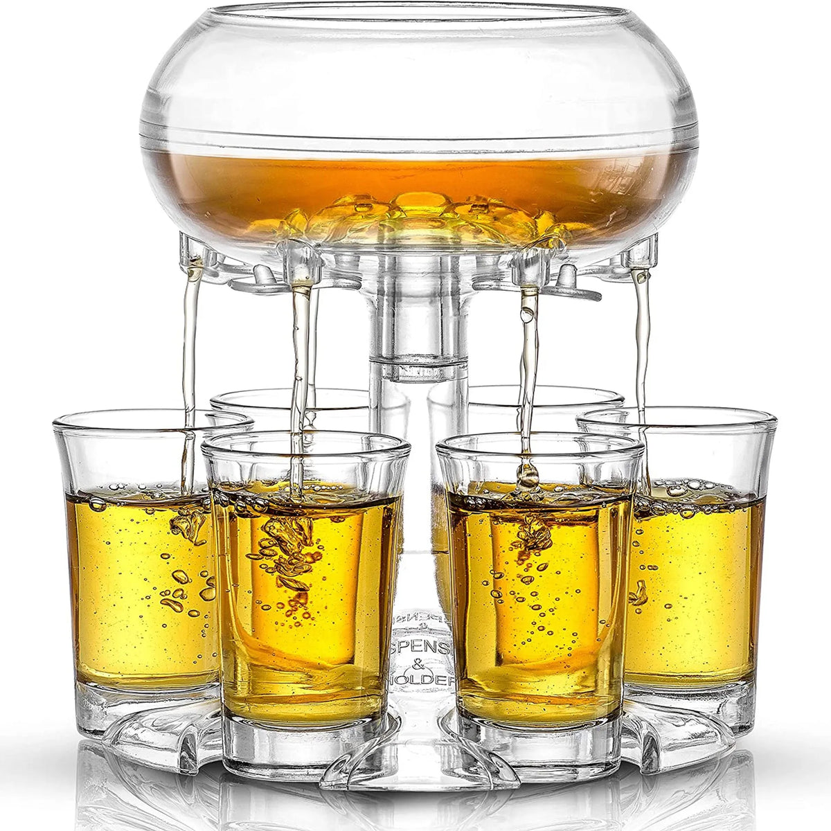 Transparent PMMA 6-shot glass dispenser stand with six shot glasses on a bar