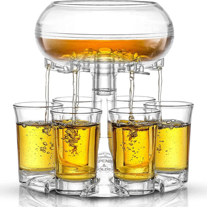 Transparent PMMA 6-shot glass dispenser stand with six shot glasses on a bar