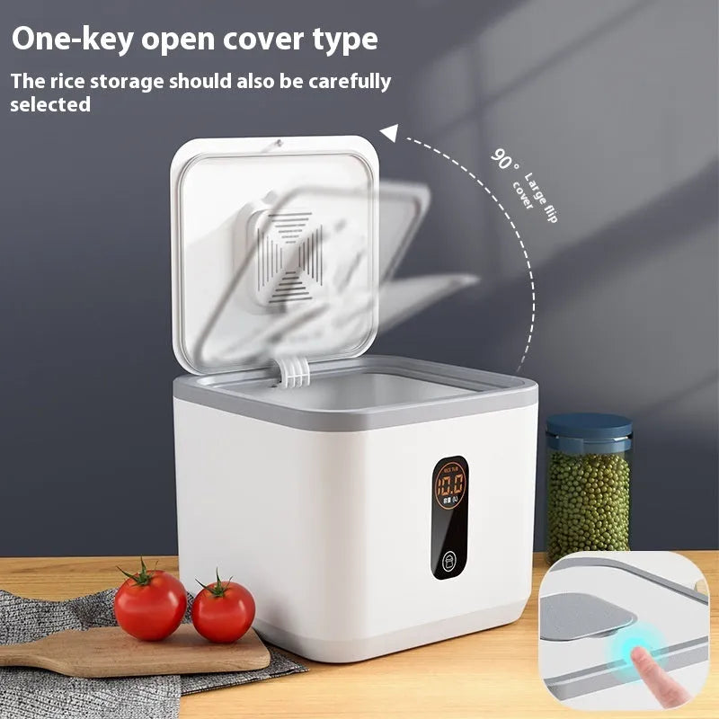 Gray food-grade plastic rice jar with airtight lid and measuring cup for insect-proof storage