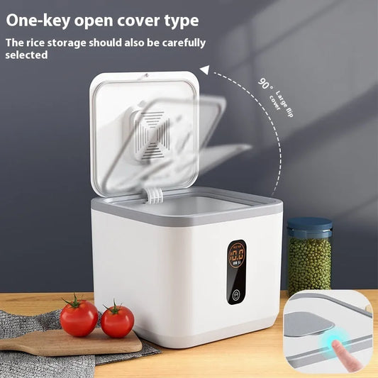 Gray food-grade plastic rice jar with airtight lid and measuring cup for insect-proof storage