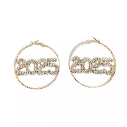 2025 Rhinestone Ring Earrings in silver and gold, perfect for New Year celebrations