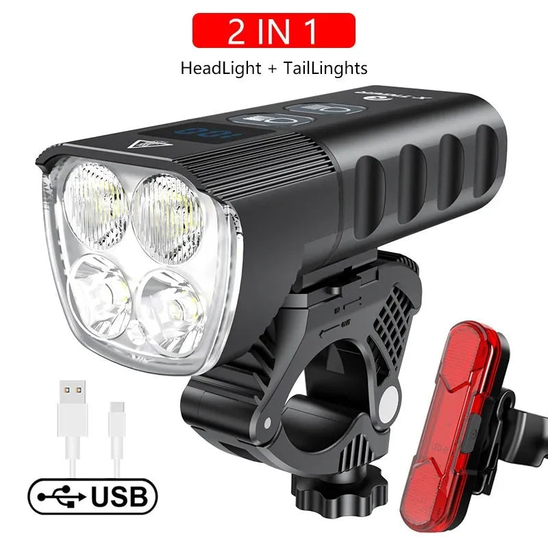 USB rechargeable bike light with double T6 lamp beads, 1200 lumens, aluminium alloy frame, IPX-6 waterproof